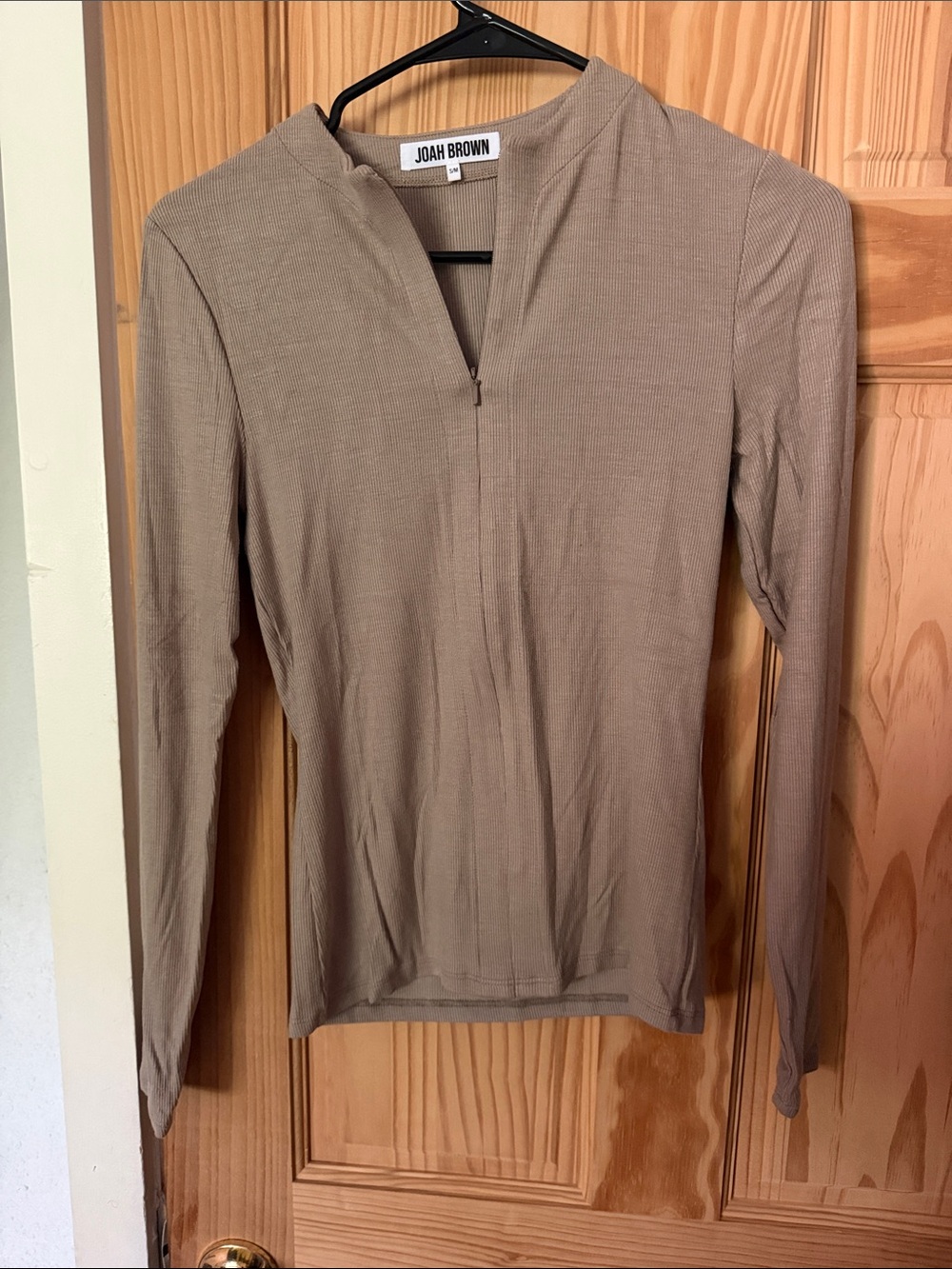 Joah Brown Taupe Ribbed Zip-Neck Long Sleeve Top
